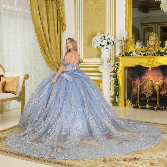 New Dusty Blue Off The Shoulder Satin Ball Gown w/ Sheer Boned Bodice GL3795 - Picture 15 of 15